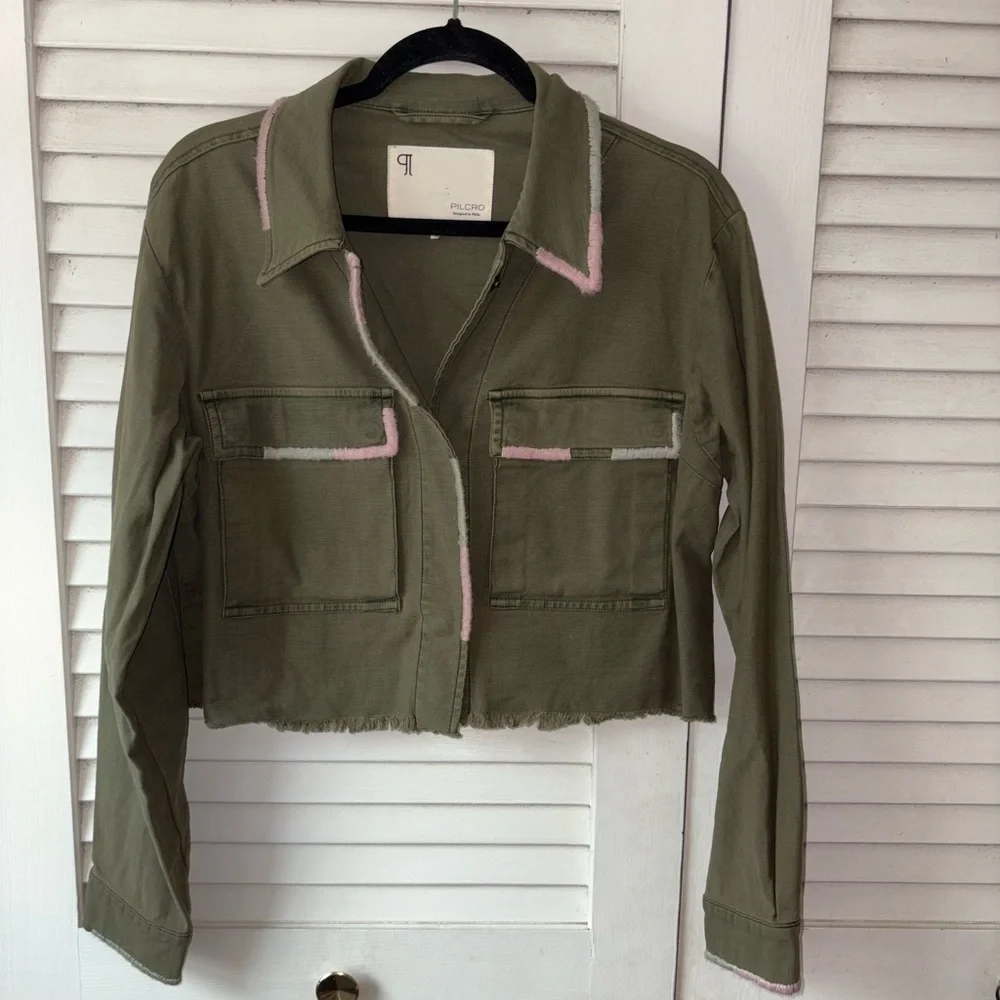 Anthropologie Pilcro Embroidered Utility Cropped Jacket Olive Medium Boho - Picture 5 of 8